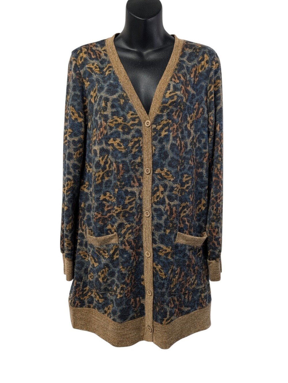 Grecerelle Women's Leopard Print Long Knit Cardigan Size M Button Front Pockets